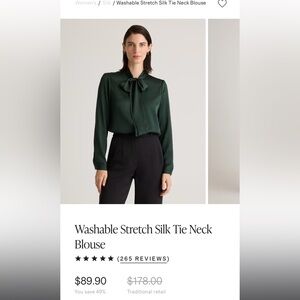 Quince Washable Stretch Silk Tie Neck Blouse small new